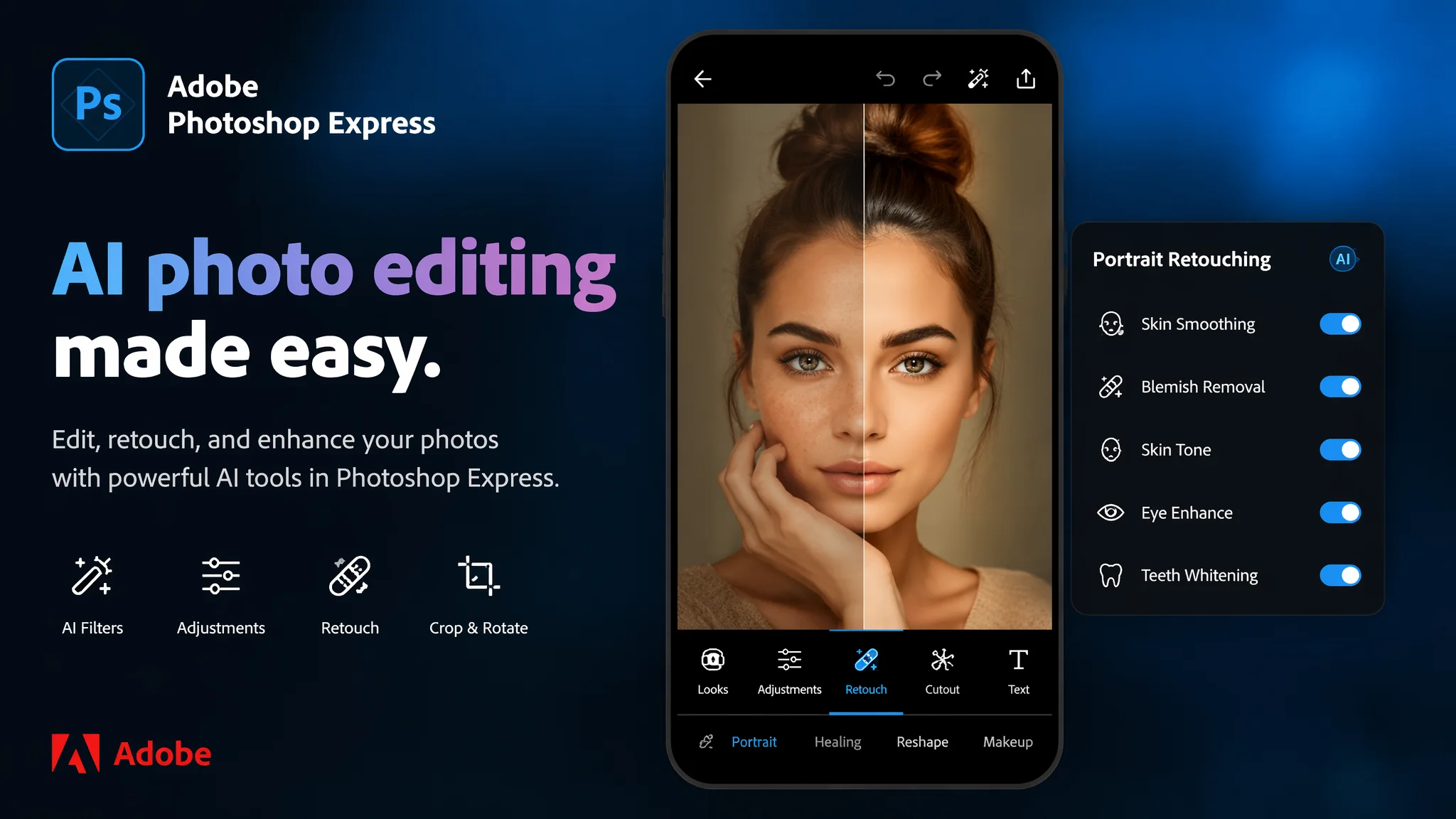 Photoshop Express手机端AI修图实测：Adobe出品的免费修图App好用吗