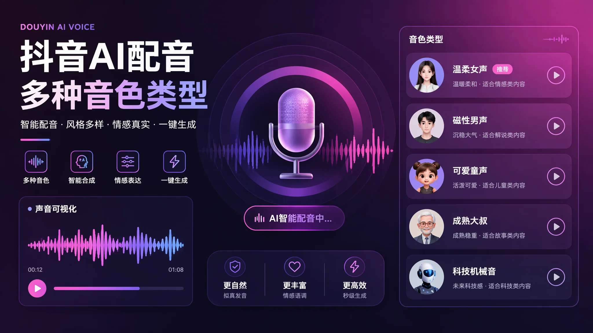 抖音解说常见的AI配音有哪些？2026年6种人气音色实测对比