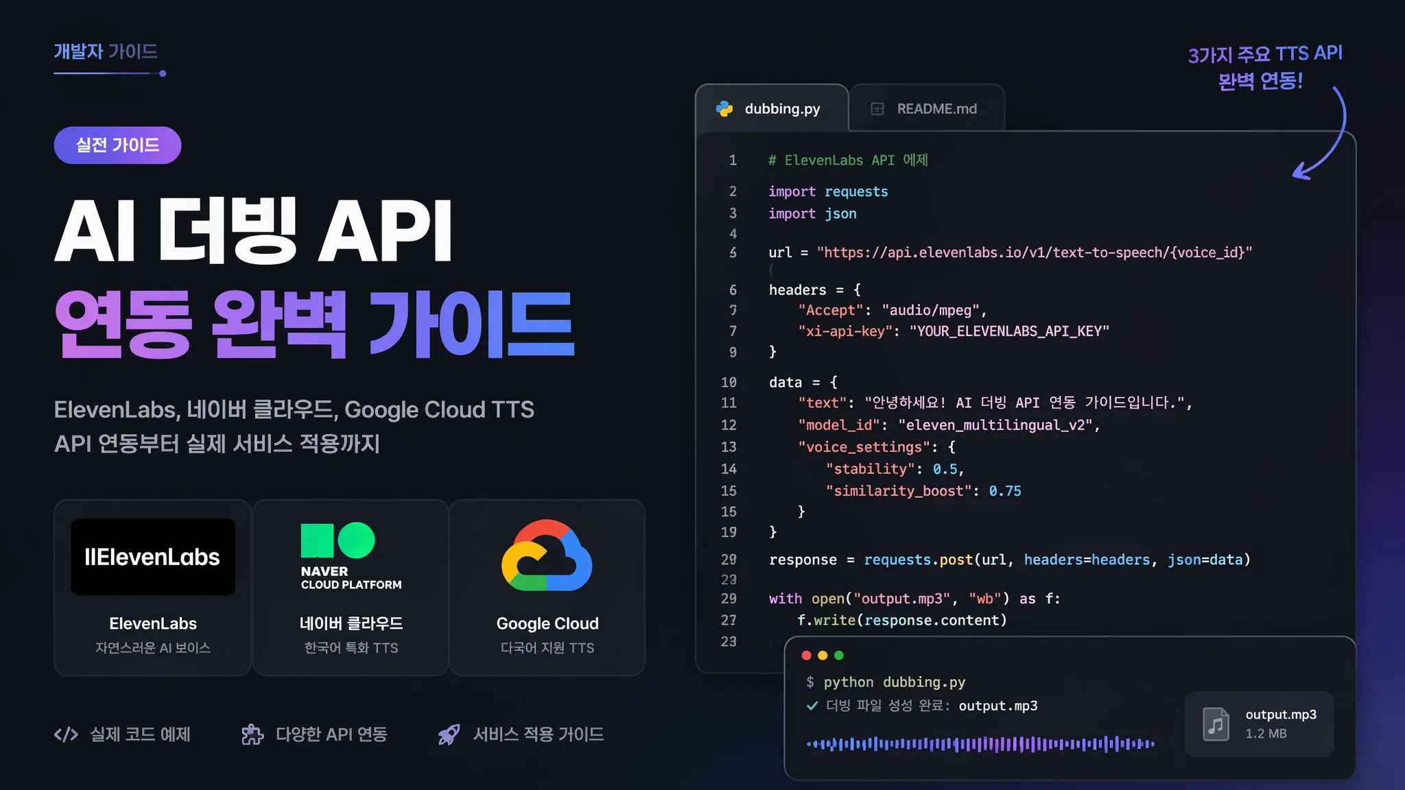 한국어 AI 더빙 API 연동 개발자 가이드 2026: ElevenLabs·네이버 클로바·구글 Cloud TTS