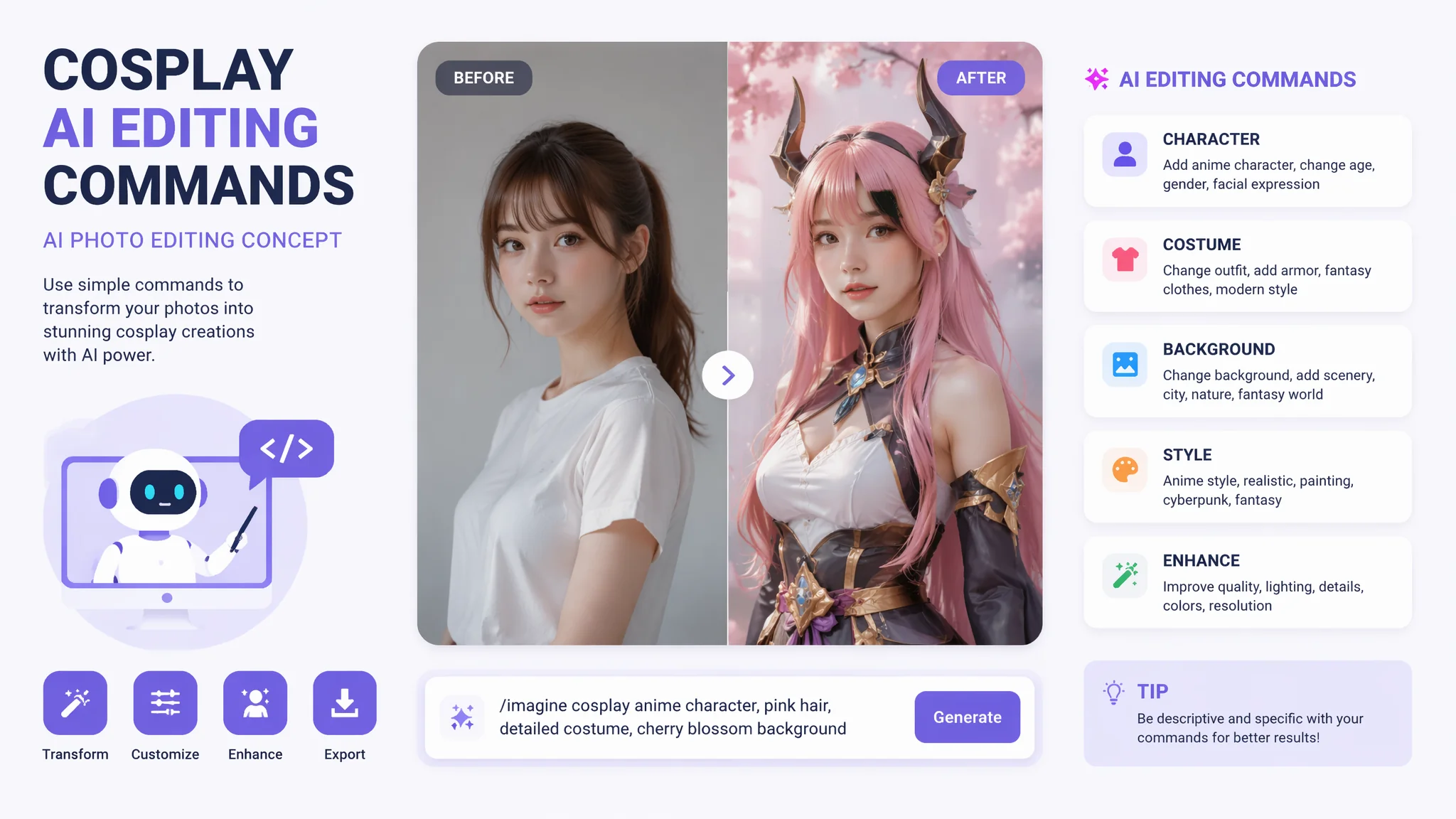 修图AI修图Cos指令：用AI把Cosplay照片修出动漫感角色氛围 - FlowPix