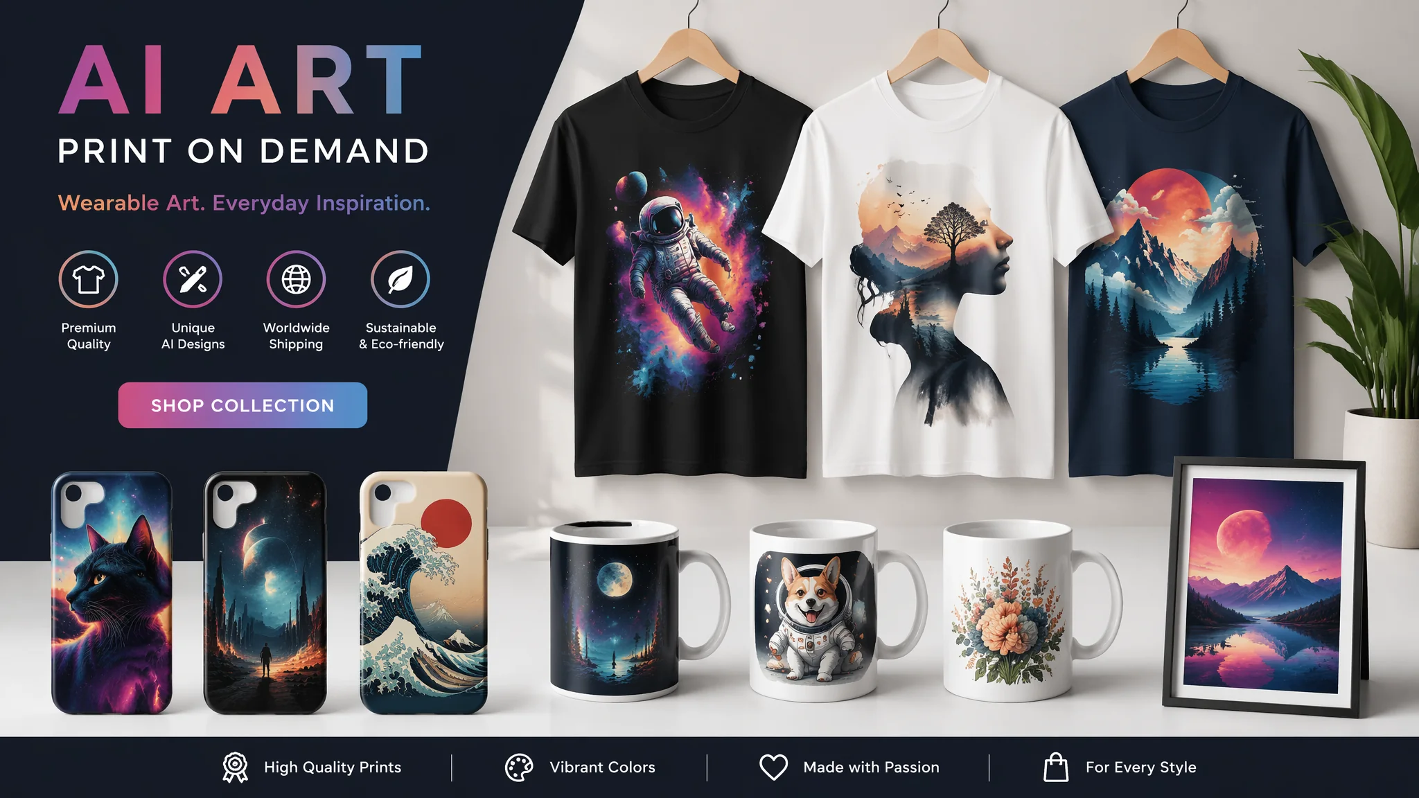 AI绘画POD周边产品：T恤手机壳帆布包展示