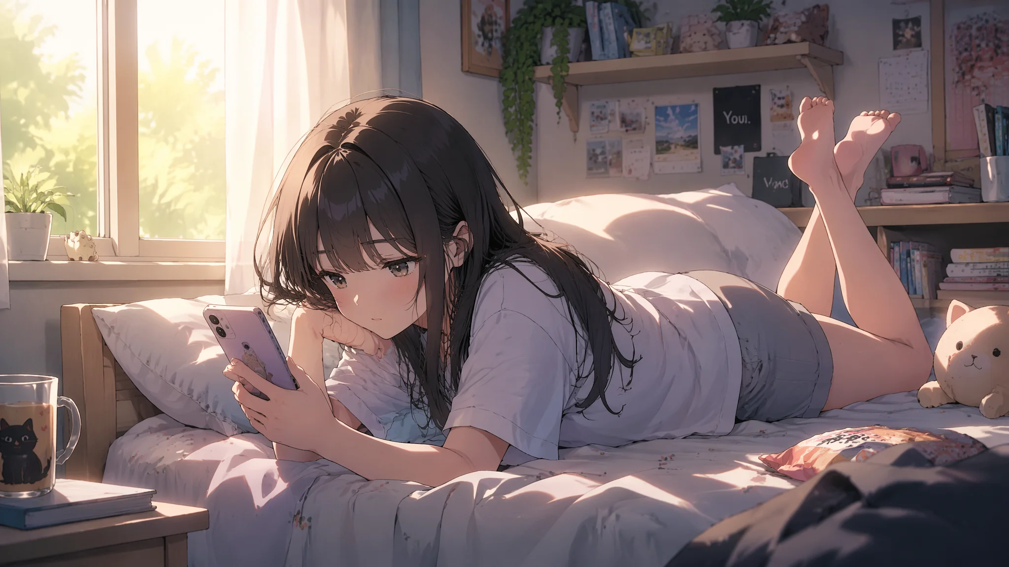 AI床上躺姿绘画：慵懒放松与卧室温馨氛围的人物视觉创作