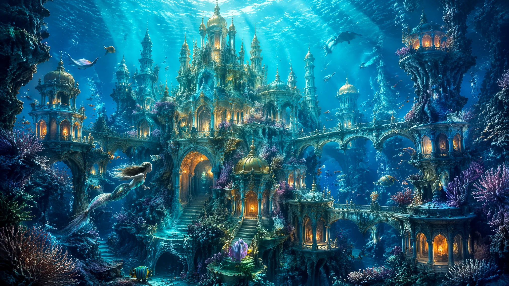 AI海底宫殿绘画：亚特兰蒂斯与水下奇幻建筑的视觉概念设计