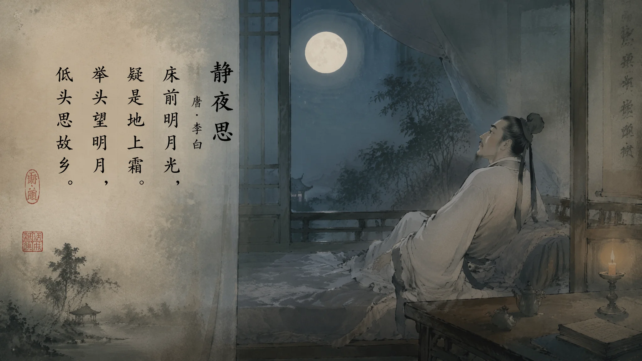 AI静夜思古诗绘画：李白经典诗词意境的月光乡愁视觉再现