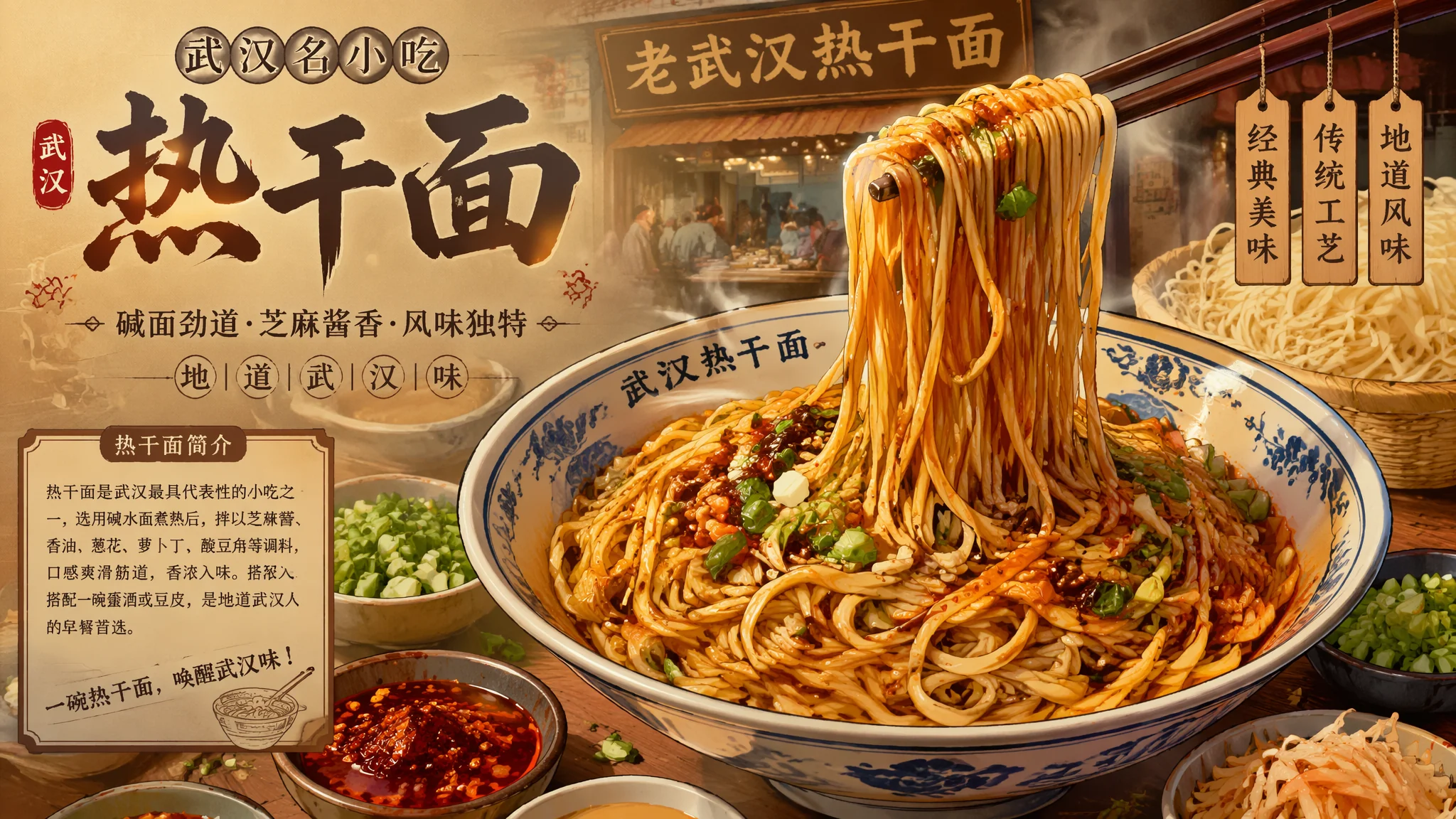 AI武汉美食绘画：热干面与江城特色小吃的烟火气视觉创作