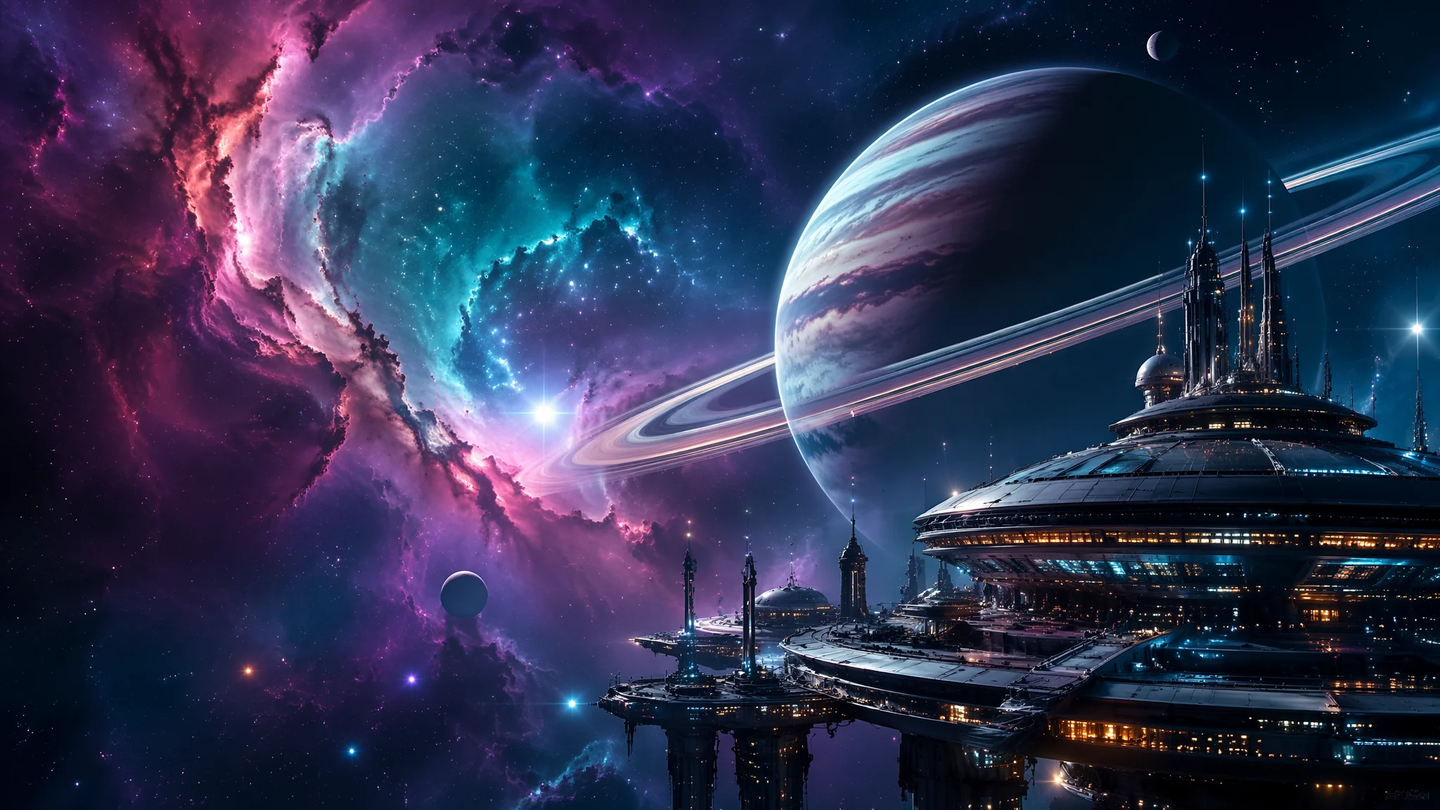 外太空AI绘画场景关键词：星云行星到太空殖民地的视觉盛宴
