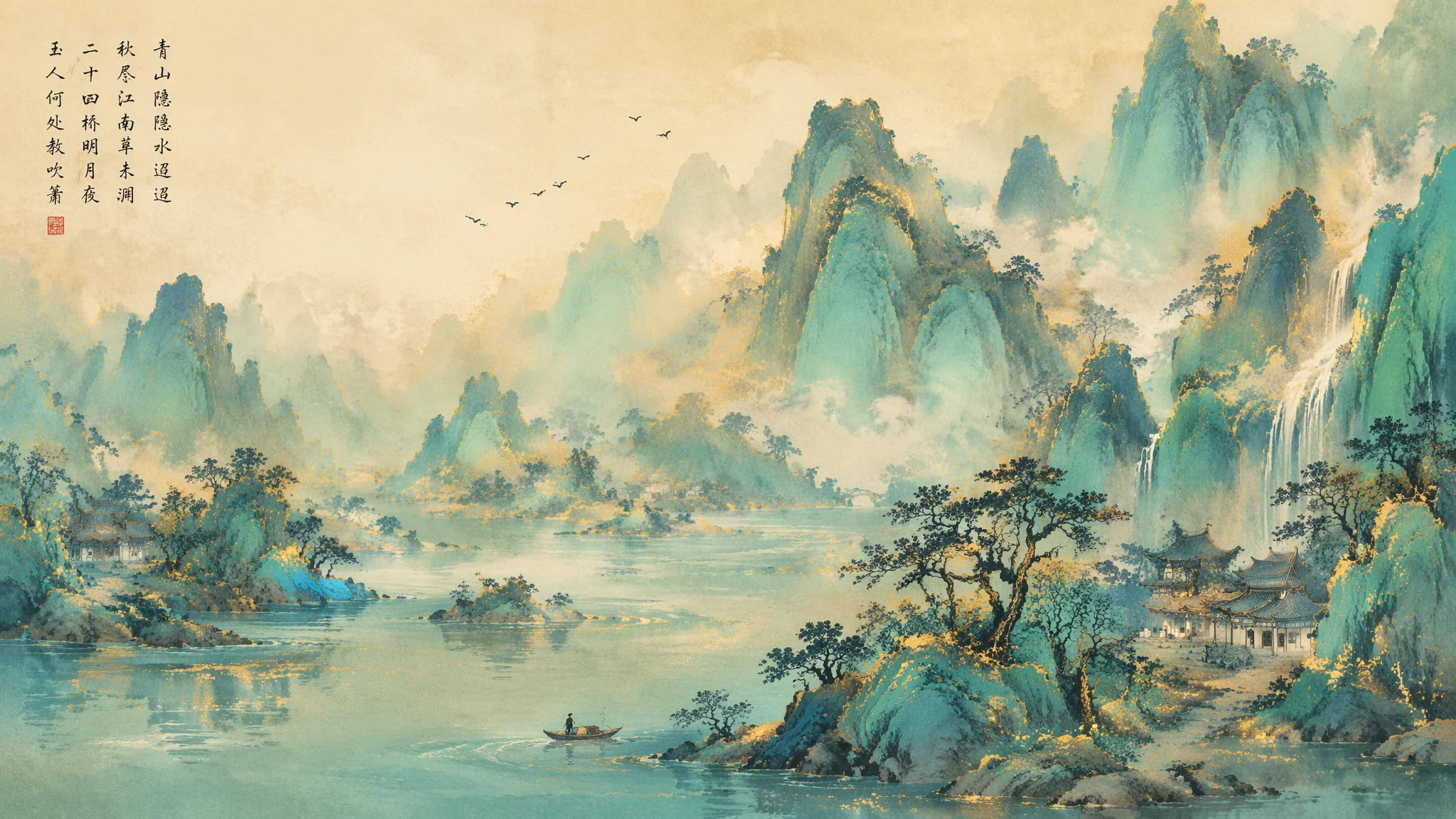 只此青绿AI绘画怎么画？青绿山水的提示词