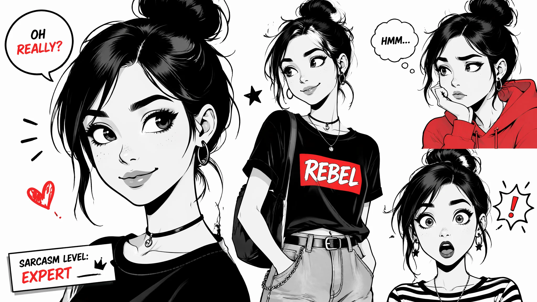 AI绘画漫画风女生角色创作：黑白线稿与网点关键词