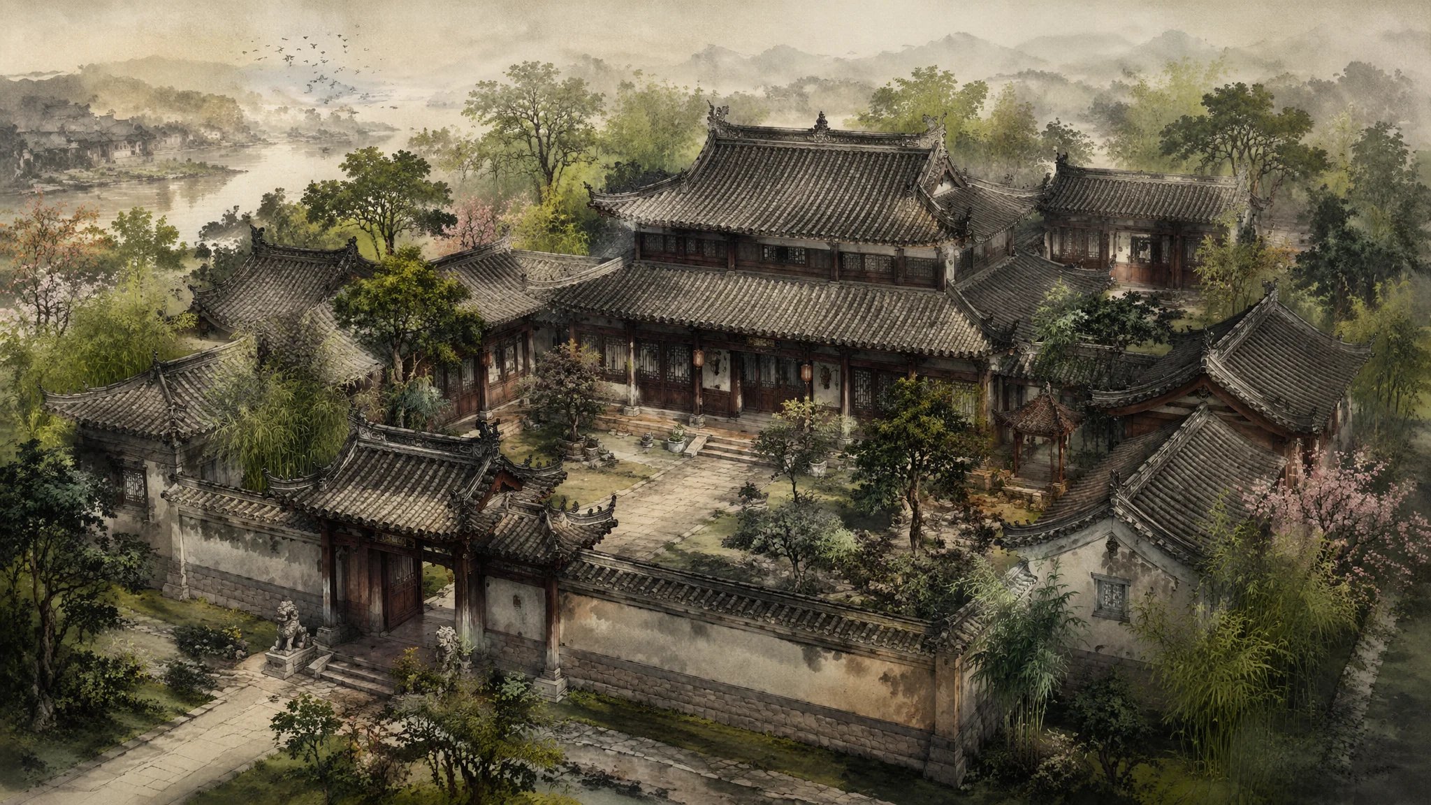 AI绘画古代房子：中式古建筑房屋场景