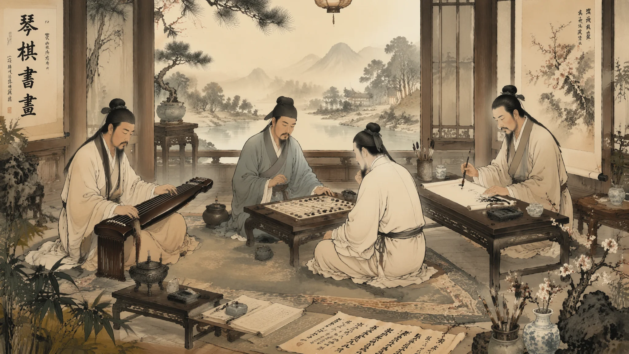 AI绘画琴棋书画：古典雅致国风四艺场景