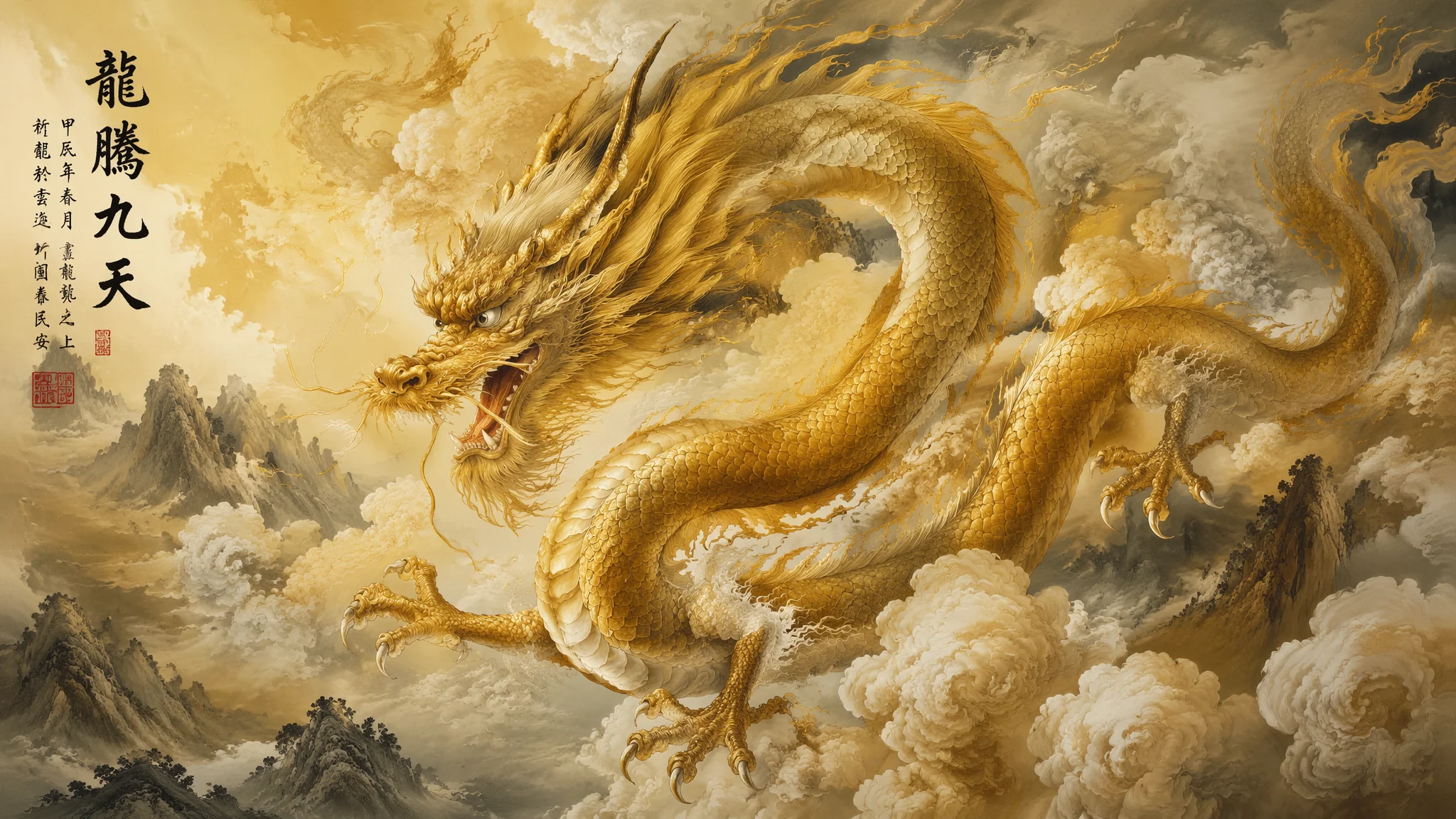 AI绘画龙腾：气势磅礴的中国龙腾飞场景