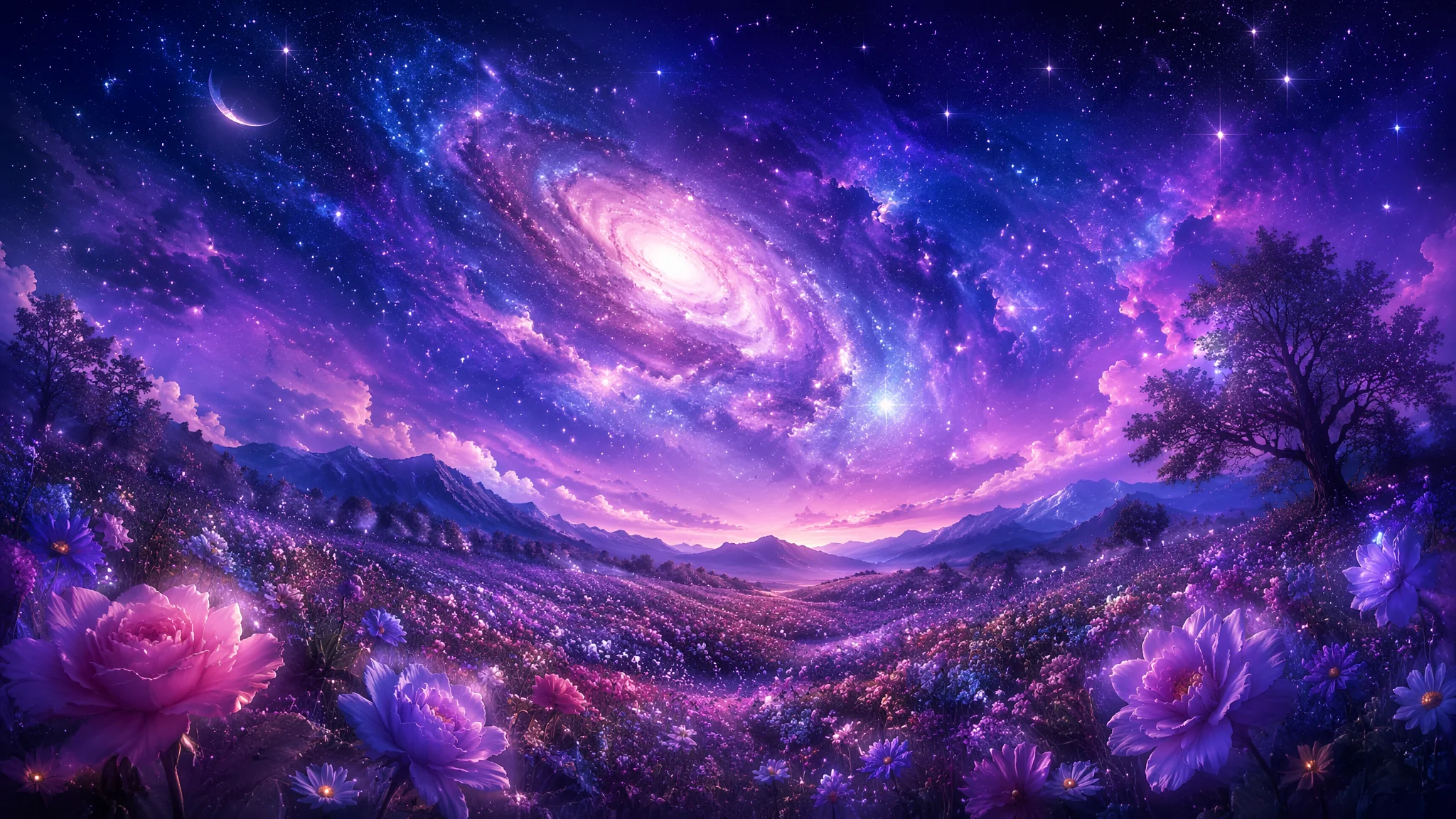 AI绘画星河花海：浪漫星空花海梦幻场景