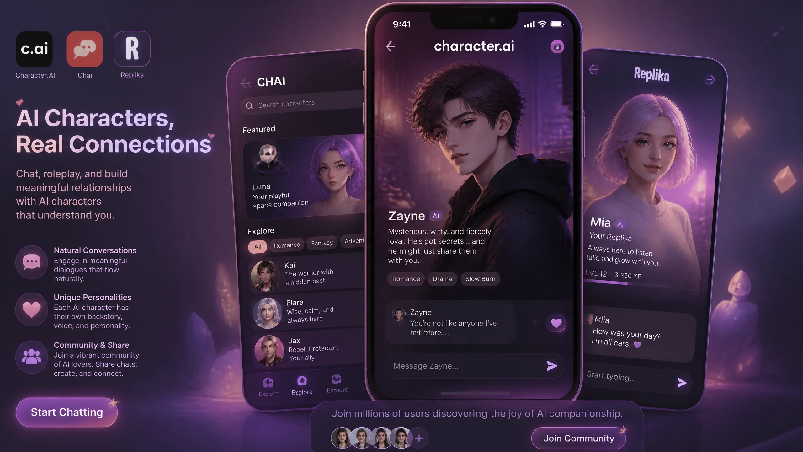 Character.AI Chai Replika AI角色聊天工具横评示意图