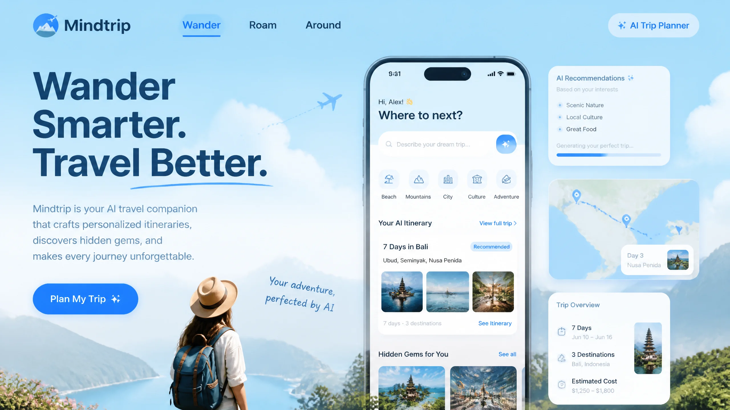 Mindtrip Wander Roam Around AI旅行规划工具对比示意图