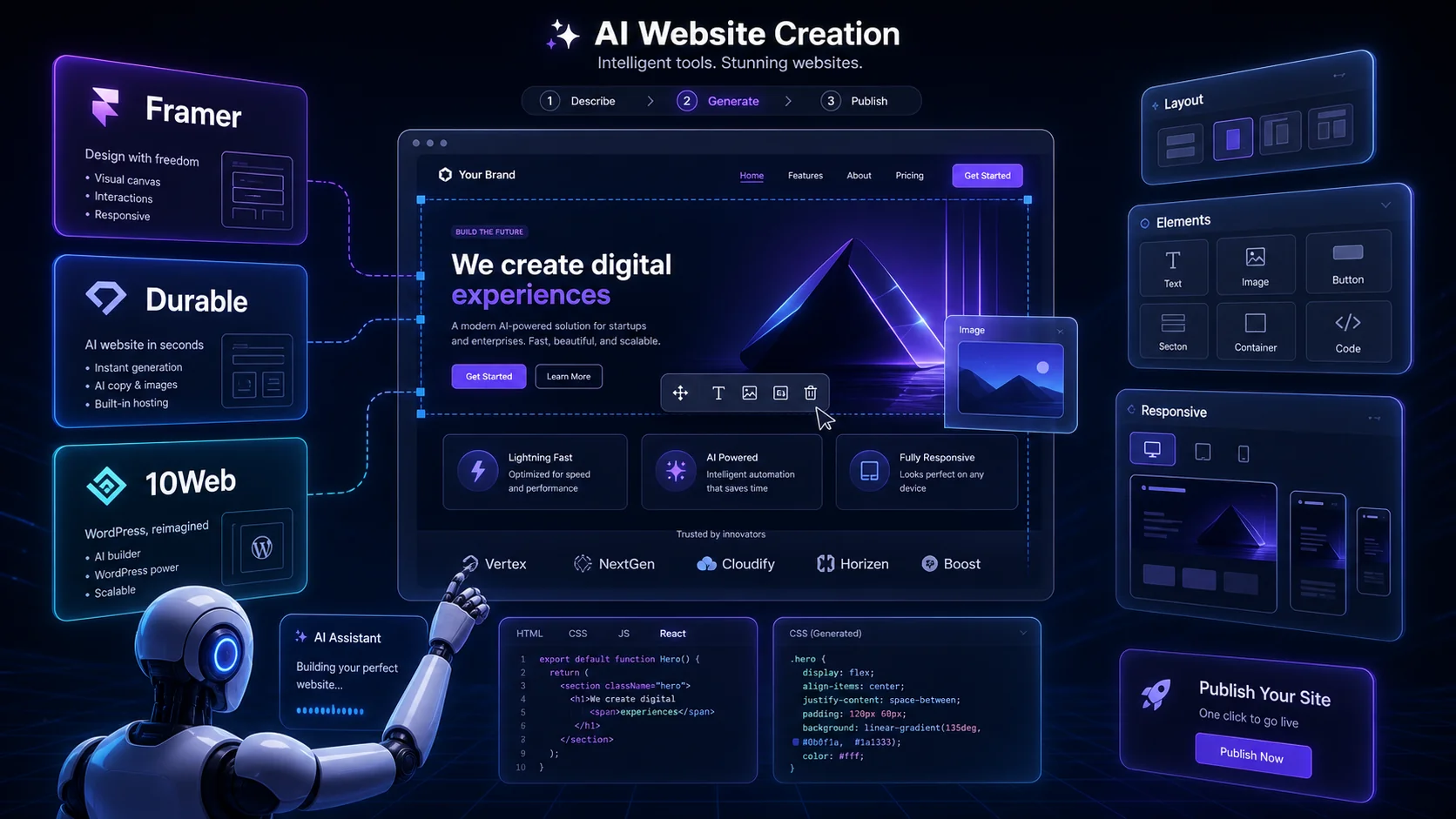 Framer AI Durable 10Web AI建站工具实测示意图