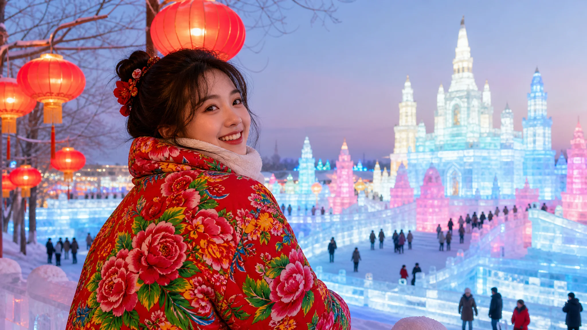 东北风AI修图：冰雪与花棉袄的浓郁美学