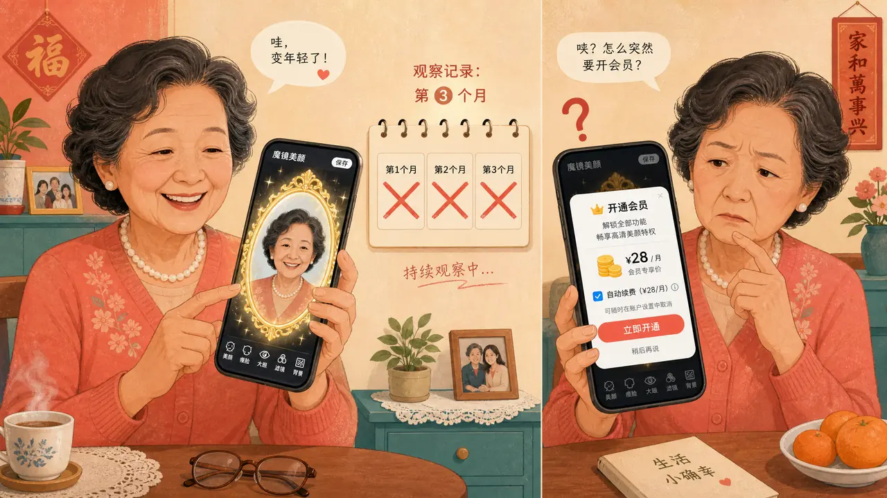魔镜修图ai会员值不值？给妈妈装App三个月的观察