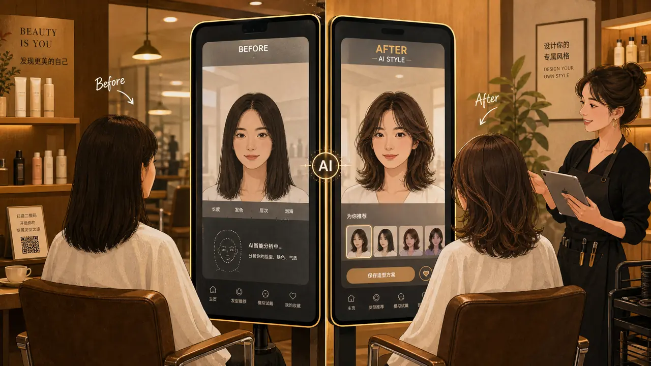 魔镜AI修图理发店版实测：试发镜的前后对比