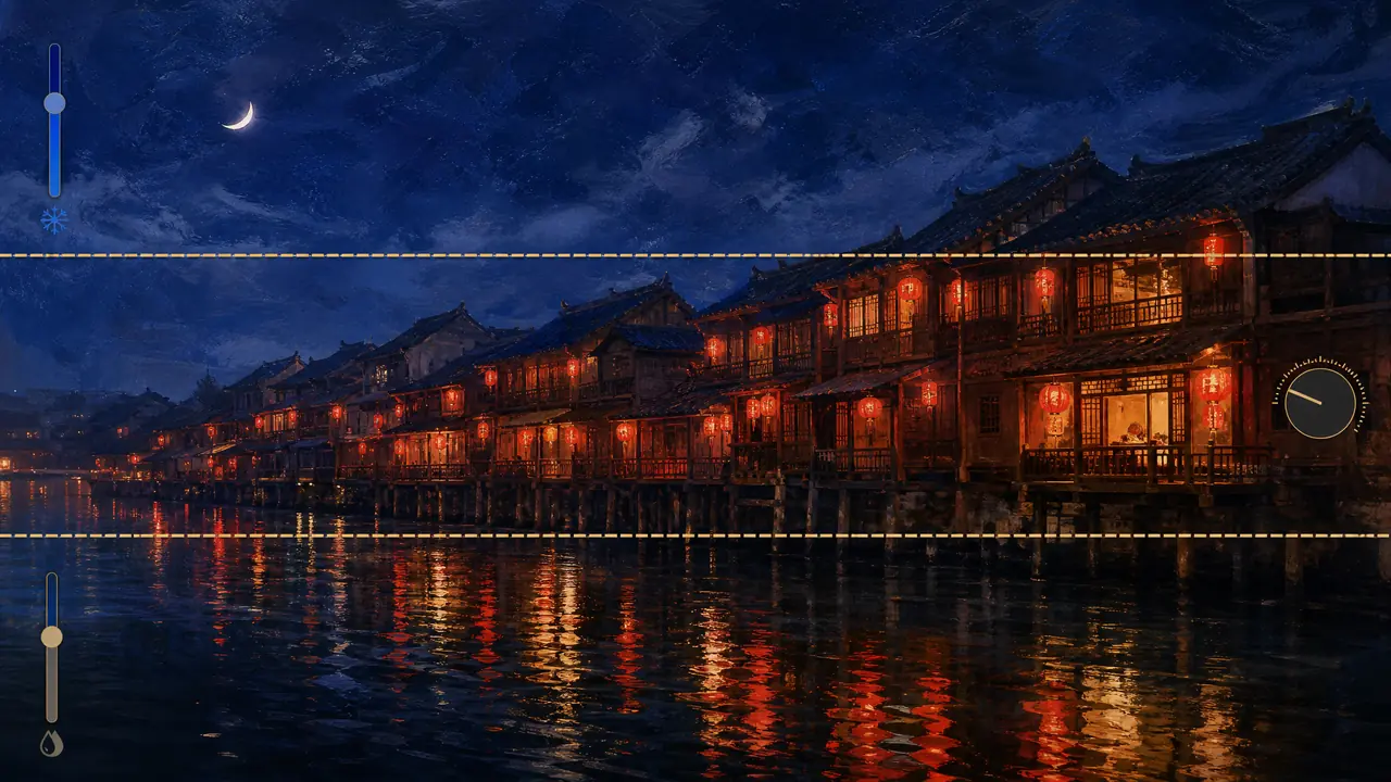 ai凤凰修图夜战沱江：灯笼红和天空蓝的分区账