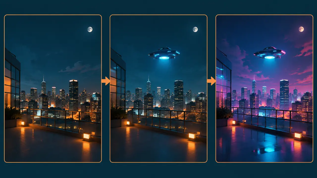 ai科幻修图实操：天台夜景改成飞船悬停大片的顺序