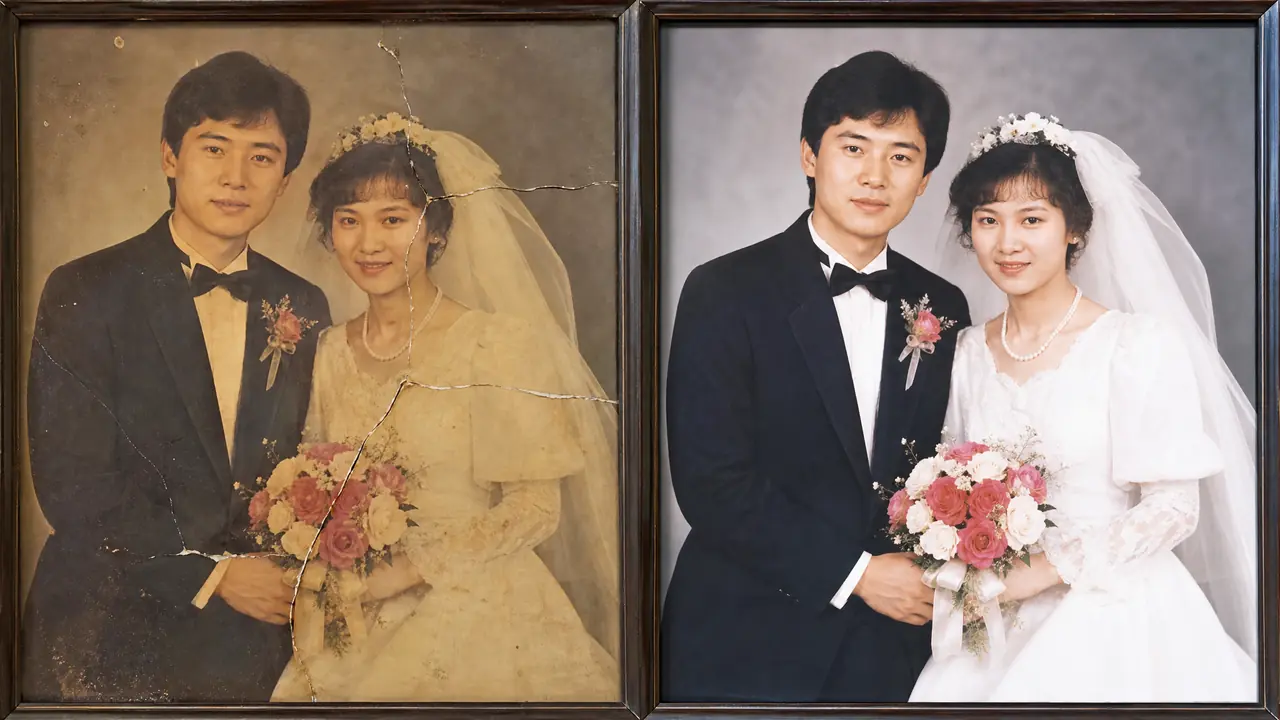 旧结婚照修复实测：爸妈那张泛黄的婚纱照