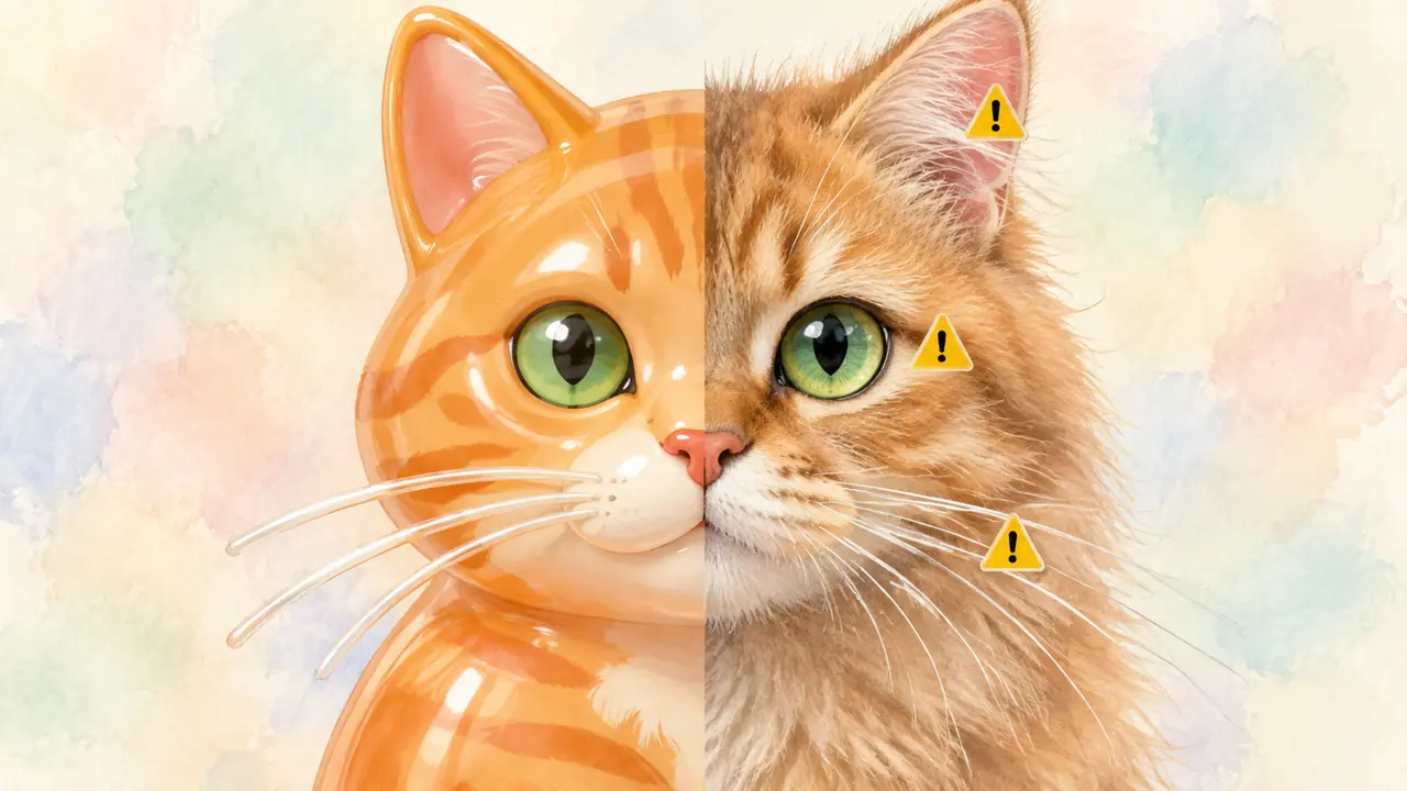 猫咪AI修图三大雷区示意：猫毛被磨平、瞳孔变色、胡须消失的对照画面