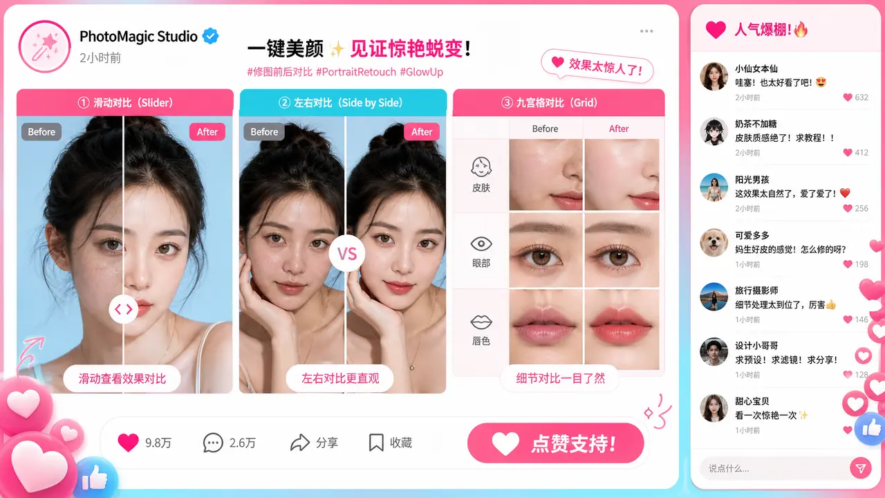 修图前后对比发圈：对比图本身也是内容