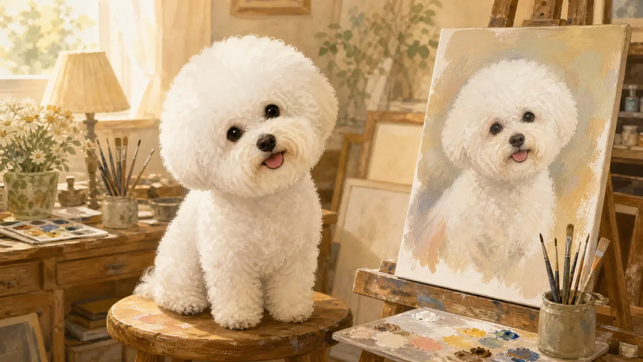 比熊犬AI绘画实测：卷毛蓬松感和黑眼圈，八轮才像我家那位