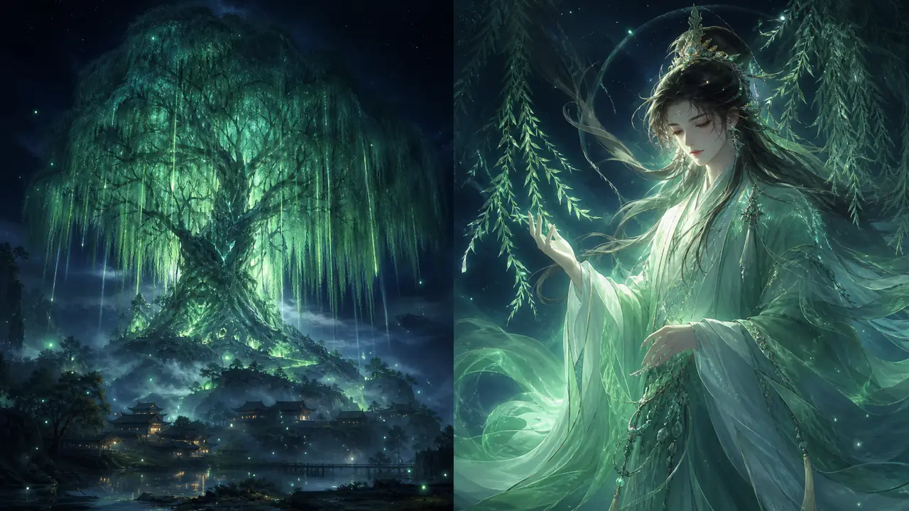 完美世界柳神AI绘画提示词：柳树本体与人形两种画法
