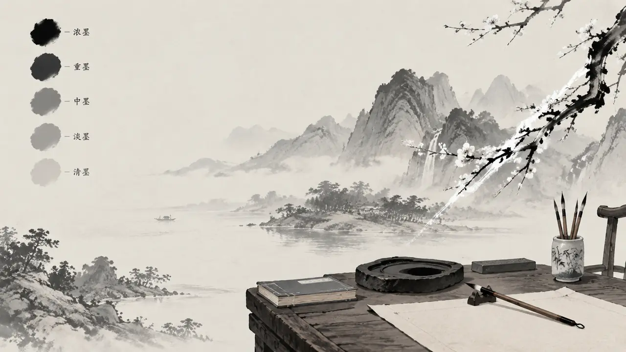 AI绘画《墨》意实测：墨分五色、枯笔飞白与书房水墨场景