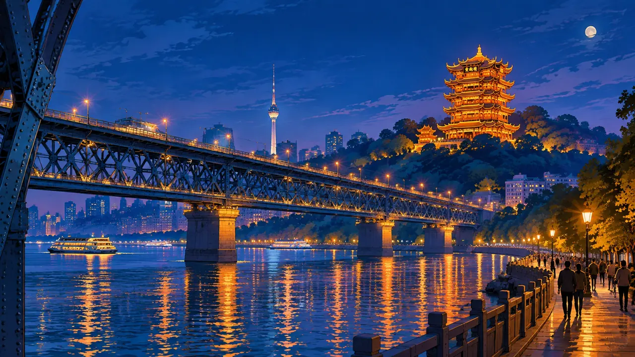 江城ai绘画实测：长江大桥的钢架、黄鹤楼的檐角与江滩夜色