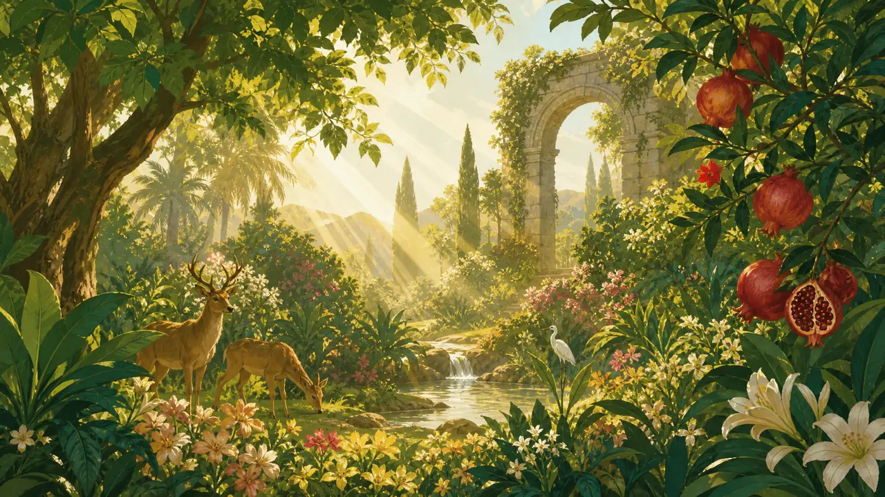 AI绘画伊甸园场景实测：植物分三层摆，光从斜后方来