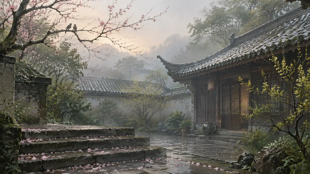 春晓ai绘画：把"春眠不觉晓"画成图，湿瓦落花与嫩绿这样调