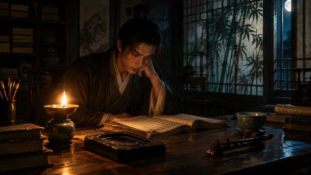 ai绘画书生怎么画出苦读感：油灯暖光、案头笔墨纸砚与窗外竹影的落地教程