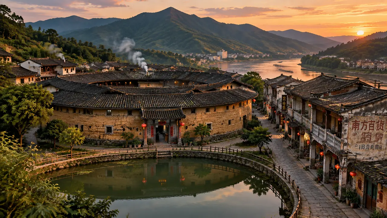 ai绘画兴宁小城风景：围龙屋、骑楼老街与客家山景怎么画才够味