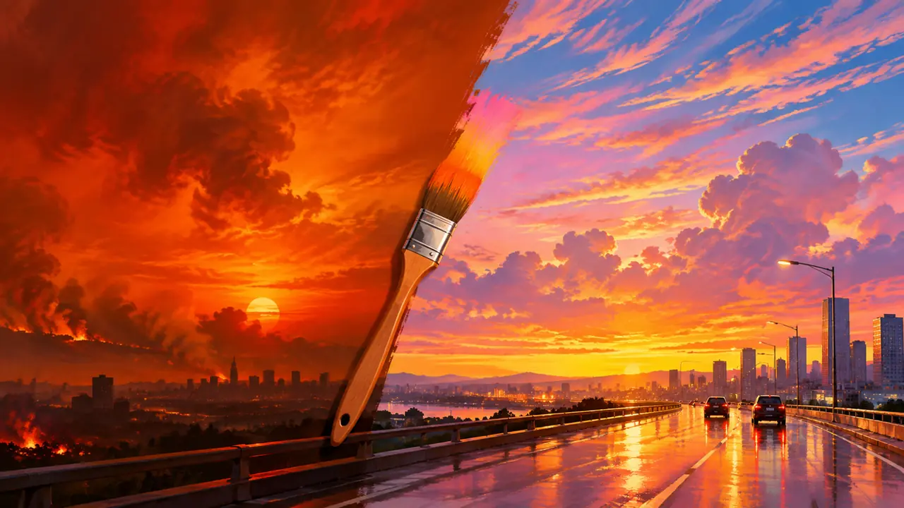 ai绘画晚霞总画成火灾现场？把天空拆三层再调色的实操笔记