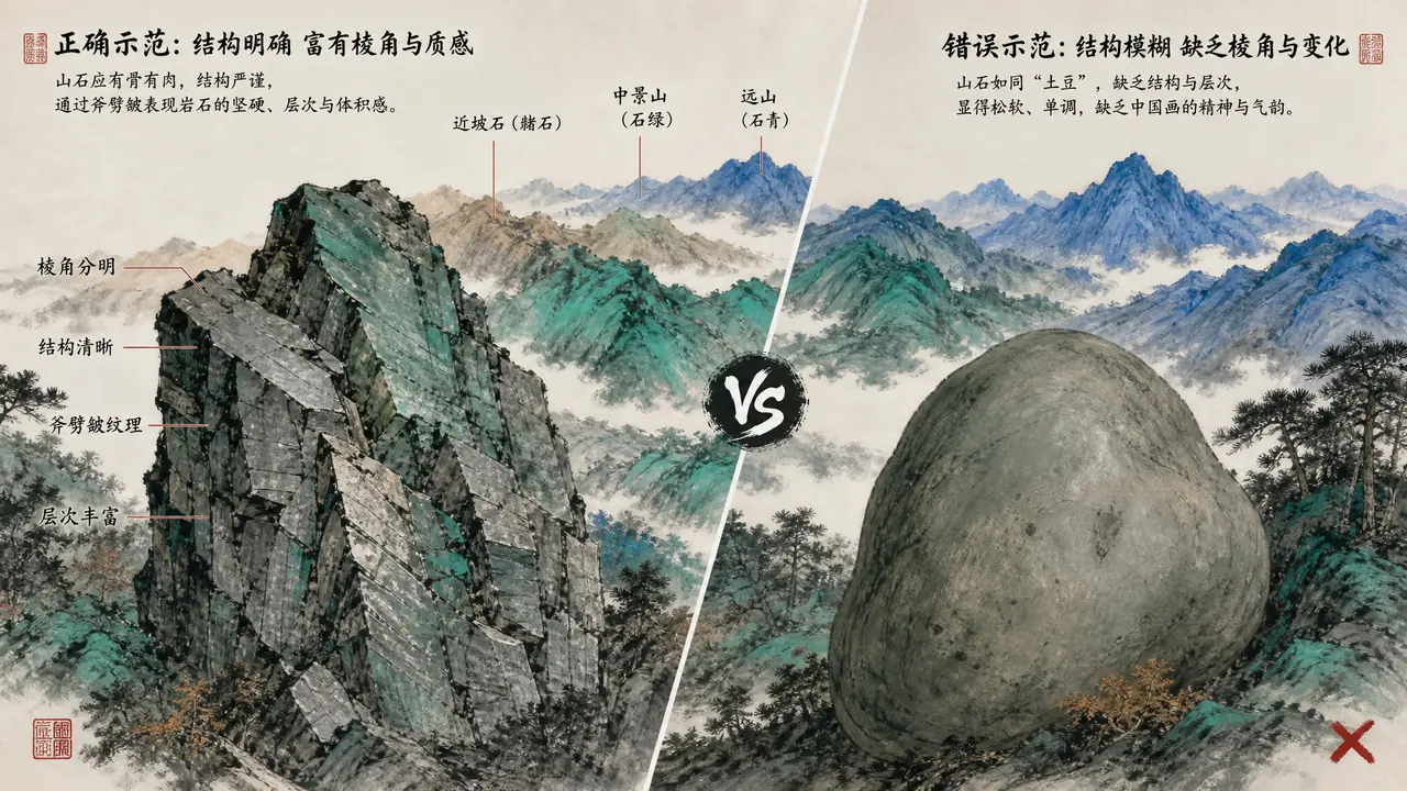 ai绘画山石质感调法实测：近景石头、青绿分层与皴法