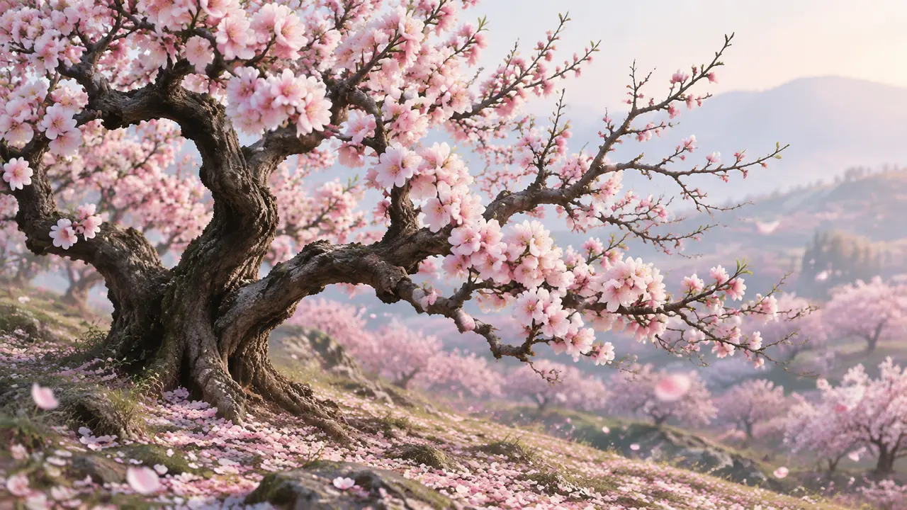 ai绘画桃树怎么画出春意：花密度、枝干走势与背景层次的调法