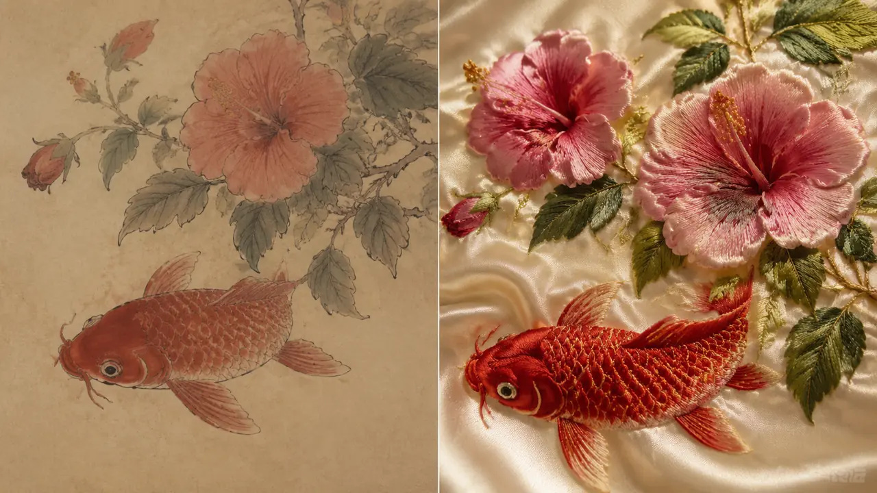 ai蜀绣绘画总画成普通工笔画？丝线光泽与针脚肌理的实测调法