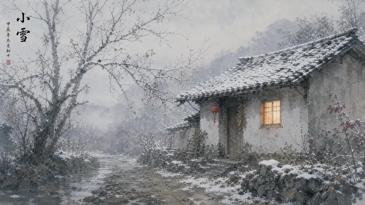 ai绘画小雪节气场景怎么画才有冬意？初雪、屋瓦与暖窗光的实测调法