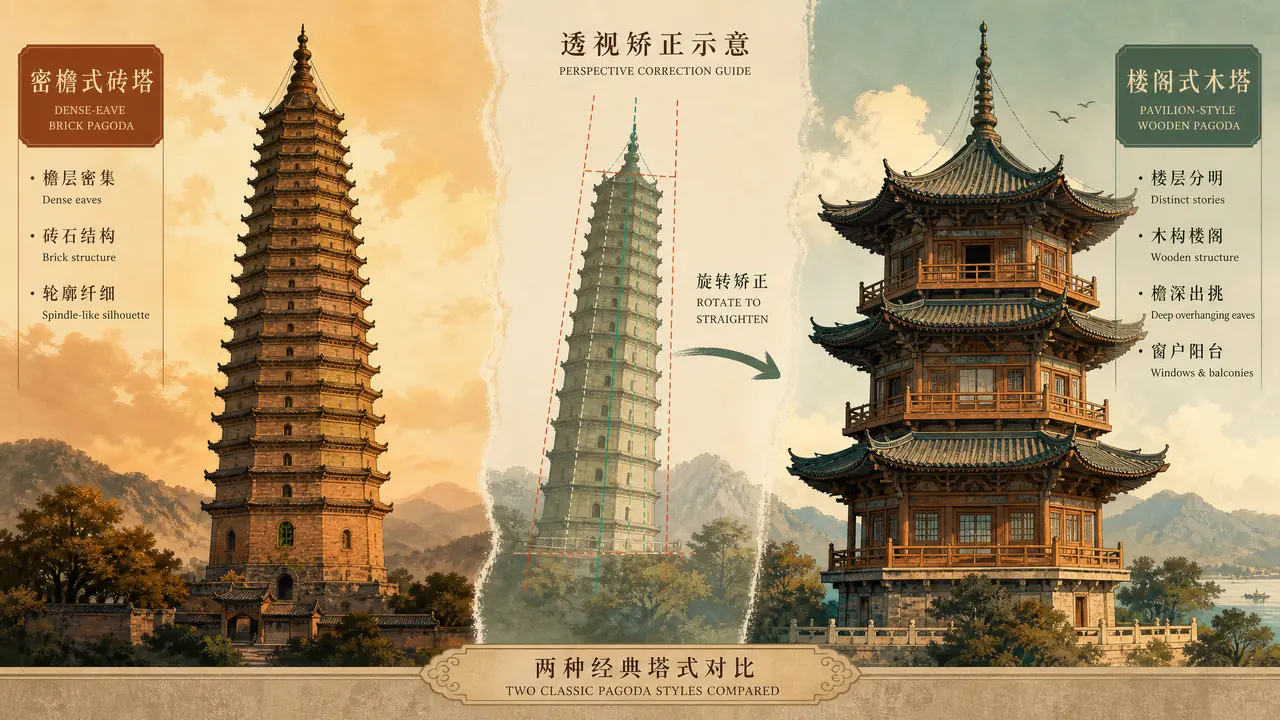 ai塔绘画总把塔画歪？密檐塔与楼阁式塔的分型画法和斜透视纠正