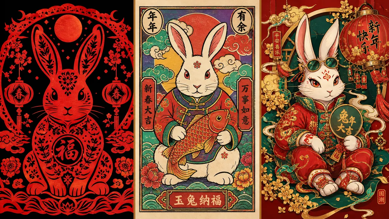 卯兔ai绘画三种出片路子：剪纸、年画与国潮的调法实测