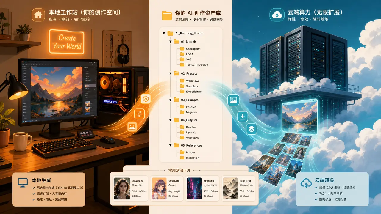 打造ai绘画工作台从零开始：本地云端怎么选，文件夹与预设怎么搭