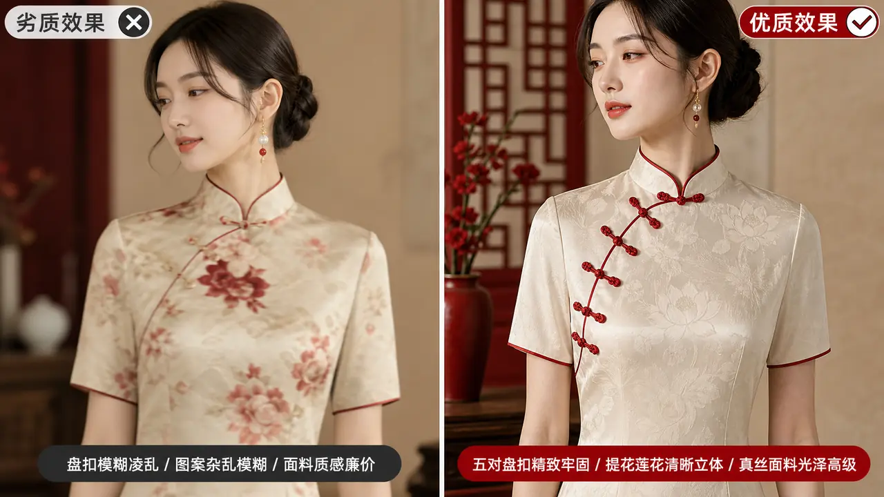 ai中式模特出图总糊盘扣？旗袍纹样保细节的参数实测