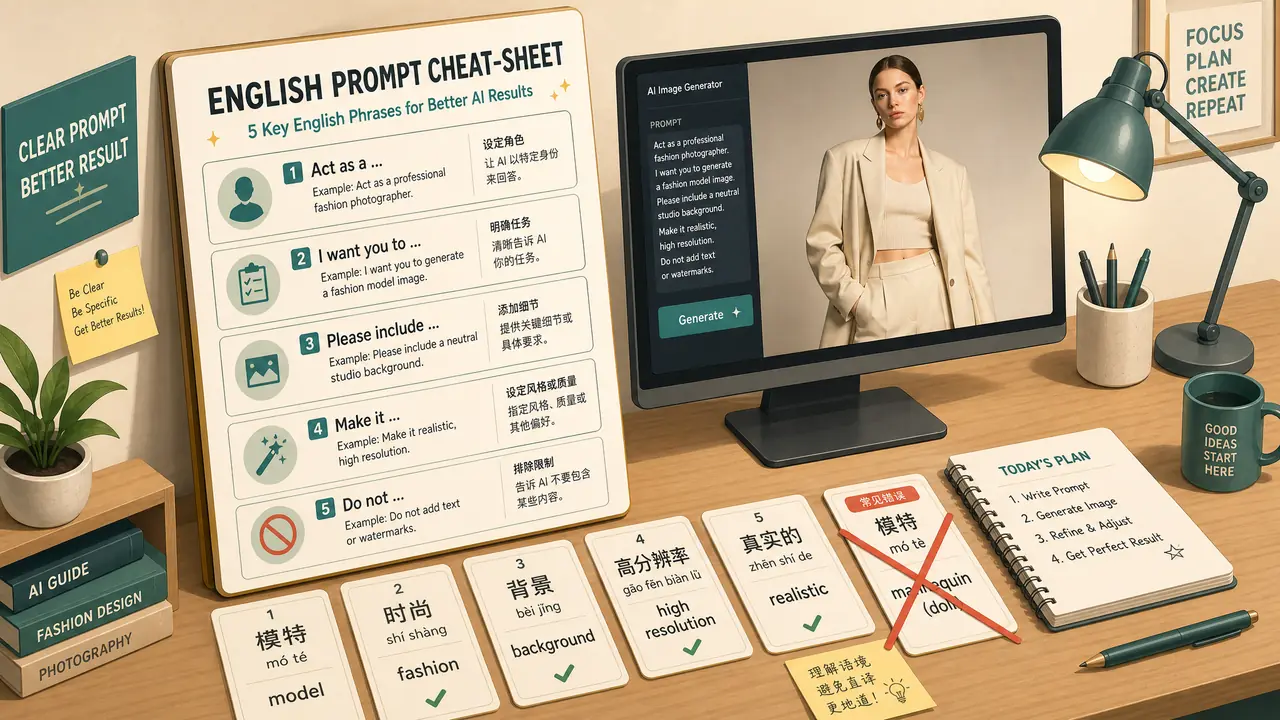 Ai模特英语提示词怎么写？常用词实测对照与翻车点