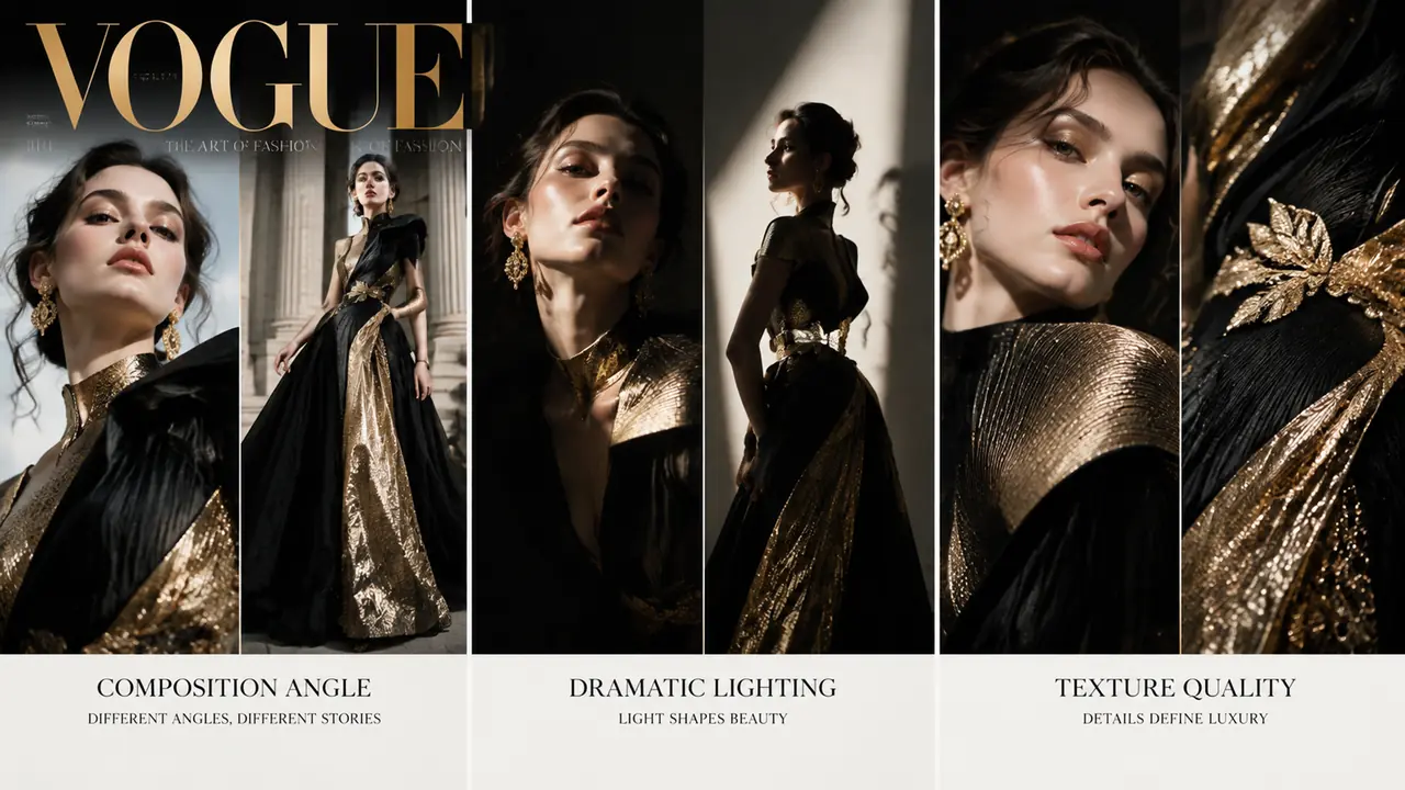 vogue ai模特的大片感从哪来：构图布光质感三组对照