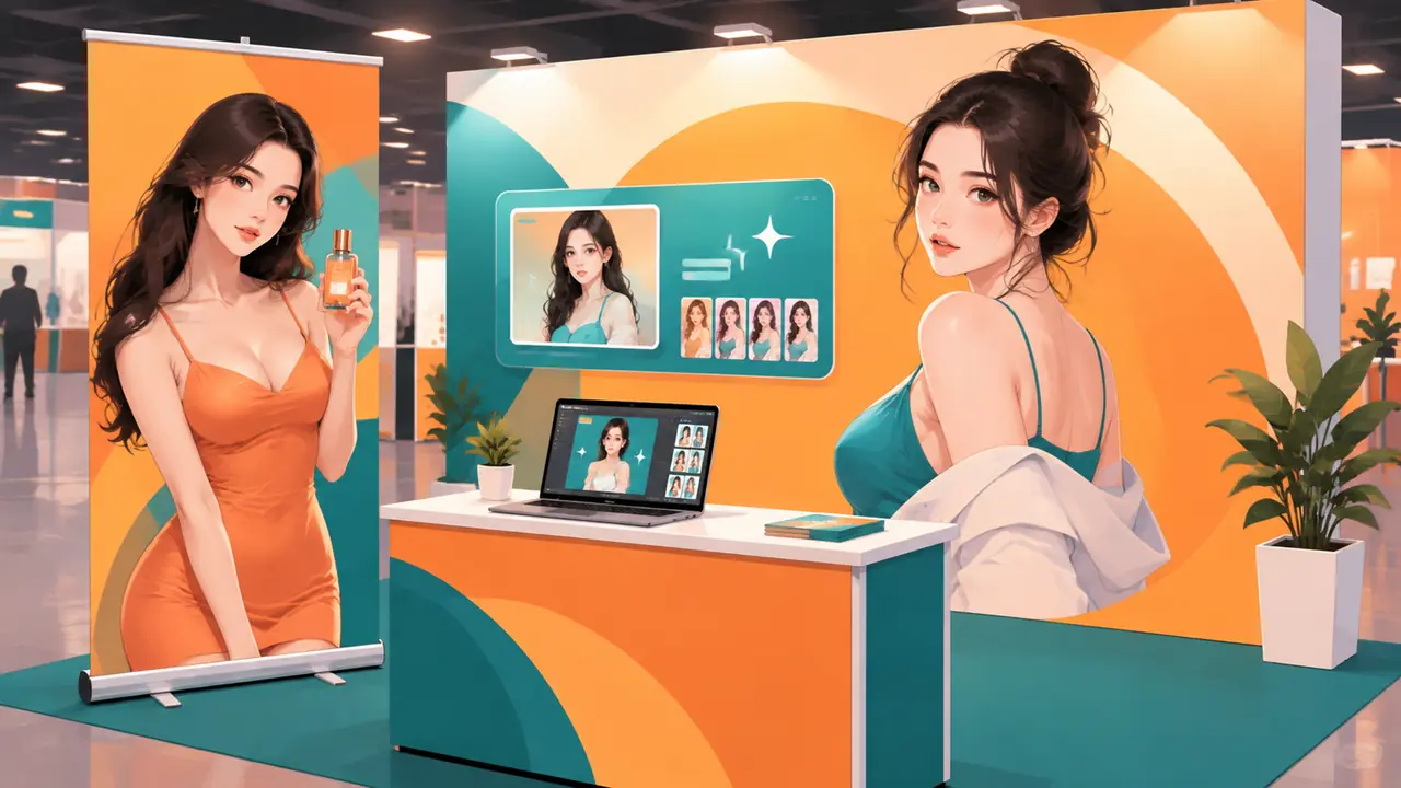 展台模特ai出图实操：展位立牌与背景板人物的做图记录