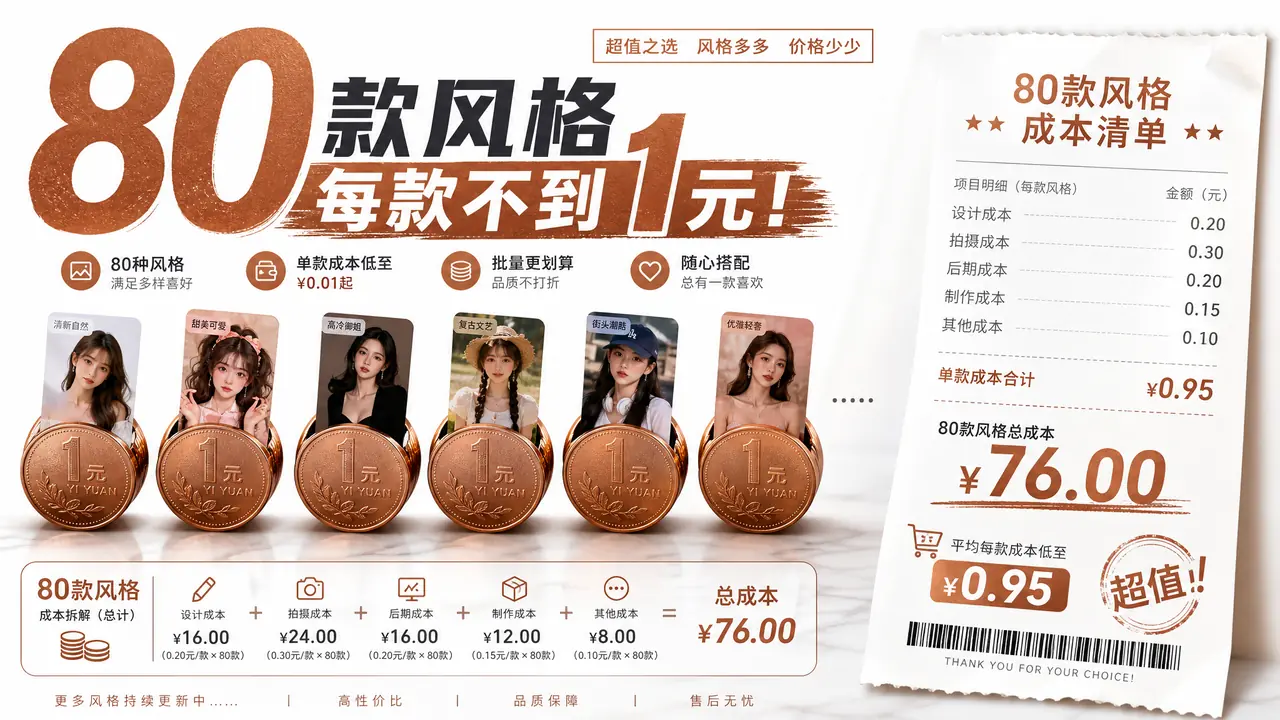 平铺ai换模特成本实录：80个款不到一块钱一张