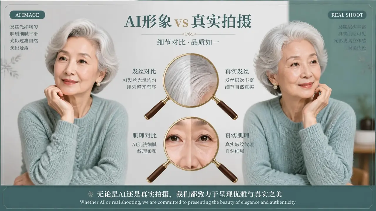 Ai生成银发模特实拍对比：摄影师眼里的白发模特图，发丝、皱纹与神态差在哪