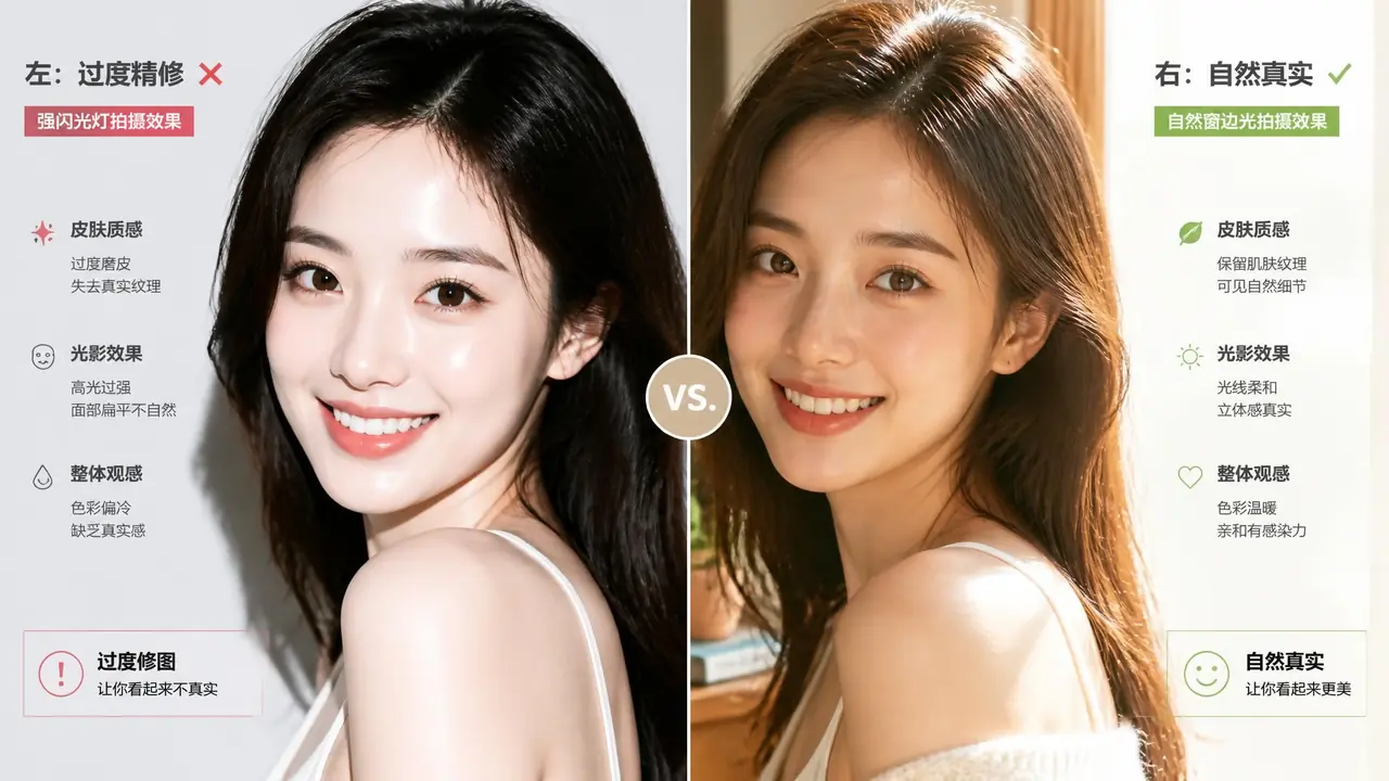 ai模特小姐姐出图总像精修脸？年龄感、邻家感与亲和光的调法实测